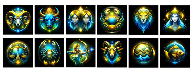 Set of 12 bright zodiac signs in glowing neon style