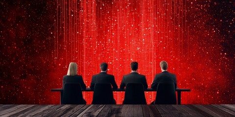 Mysterious Meeting Four Figures Silhouetted Against a Red Digital Rain Backdrop