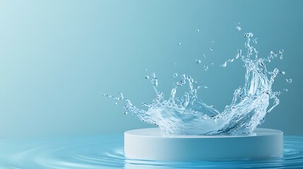 Water splashing on white podium in blue background