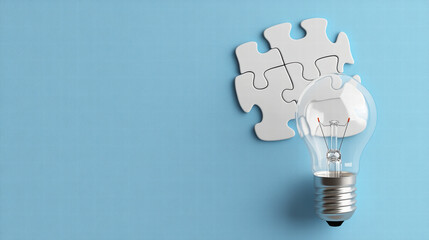 light bulb next to white puzzle piece symbolizes problem solving and creativity. This conveys idea of finding solutions and connecting ideas effectively