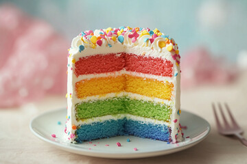 Rainbow cake, bright. Decorated with whimsical clouds. Perfect for birthdays, baby showers, and playful dessert photography