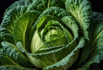 Obraz premium Close-up of a fresh green savoy cabbage on a dark background, showcasing its textured leaves and natural detail