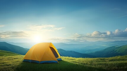 Tranquil camping escape, tent pitched on a lush mountain meadow scenic