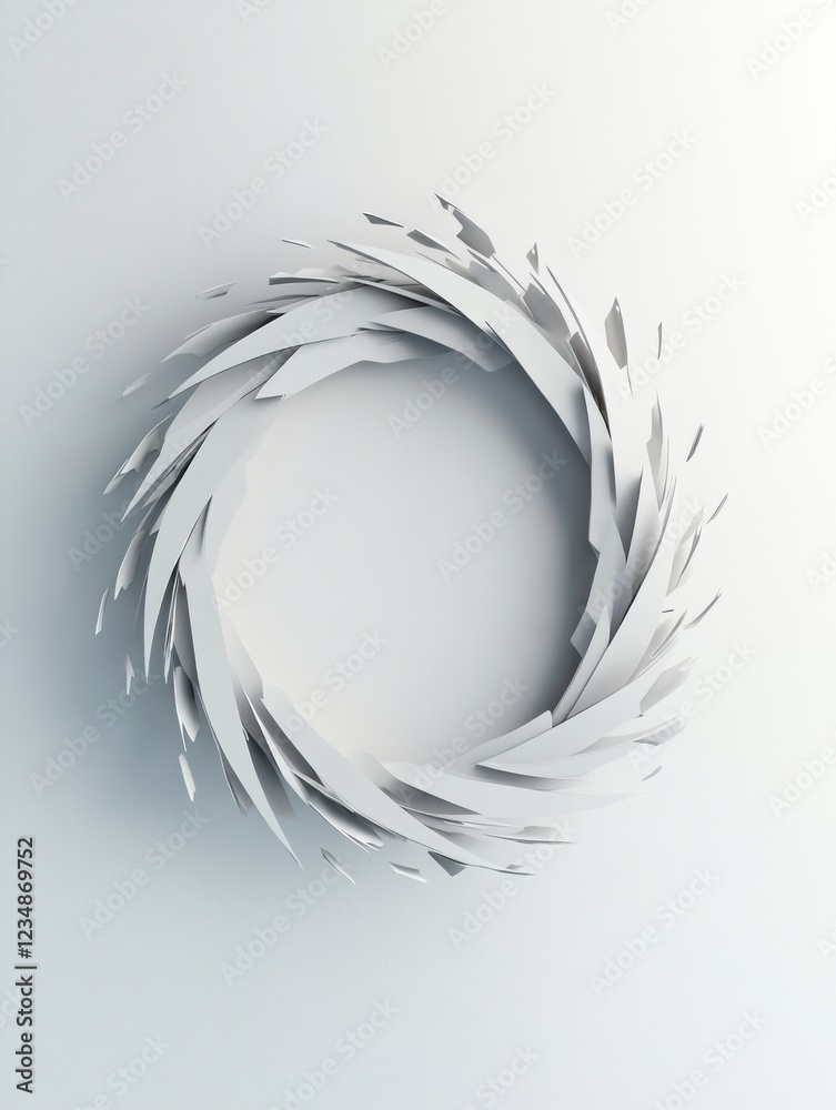 Poster Circular white art installation made of layered paper creating dynamic movement and texture on a minimalist background. Generative AI