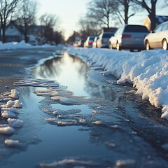 Snowy street with melting snow and slushy puddles.