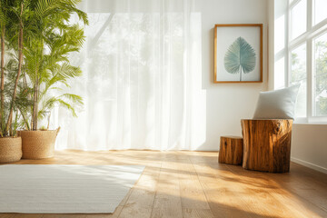Cozy interior with natural elements in a sunlit room featuring plants and wooden decor