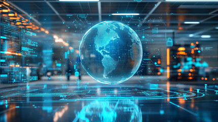 A futuristic control room with a holographic Earth projection in the center, displaying real-time data and analytics, digital, tech, futuristic