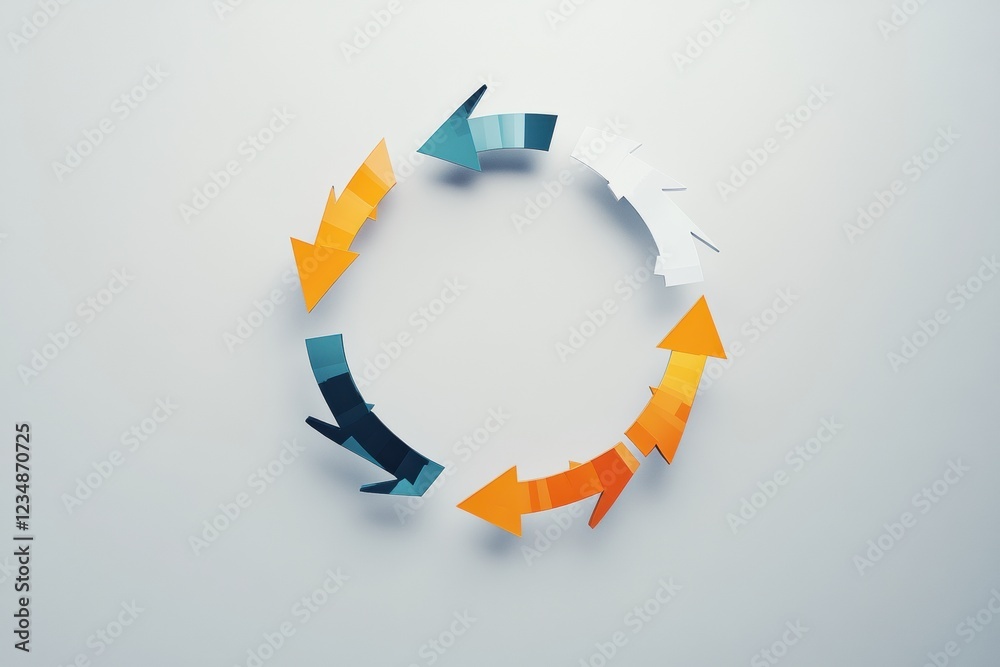 Poster Colorful paper arrows arranged in a circular pattern on a light background showcasing the concept of movement and direction. Generative AI
