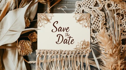Bohemian Save the Date Card with Mandala Patterns and Earthy Tones for Wedding Invitations