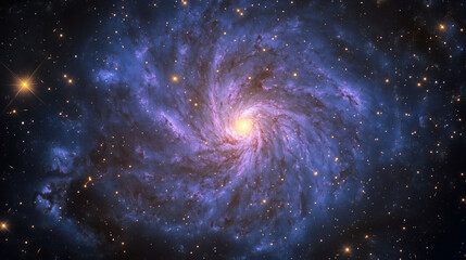 Naklejka premium A vibrant nebula with swirling purple and blue gases, dotted with distant stars. Galaxy, space, cosmic