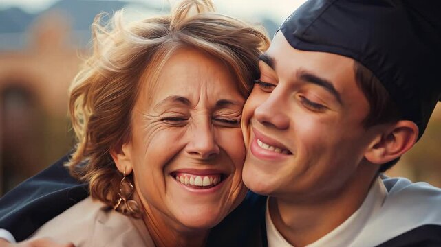Happy smiling boy with mother, student and diploma on graduation outdoors, blue sky and pride in education celebration. Man and college or university degree for achievement, graduate and award for lea