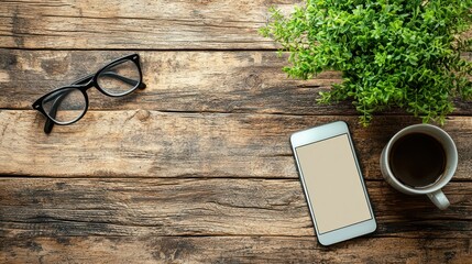 Phone, Coffee, Glasses on Rustic Desk, Workspace Scene