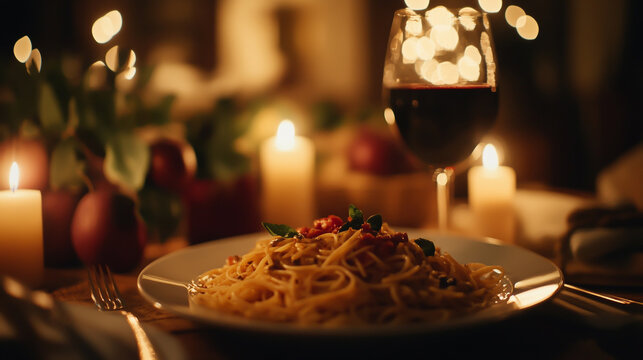 Cozy candlelit dinner with pasta and red wine in a warm ambience cinematic view. - Powered by Adobe