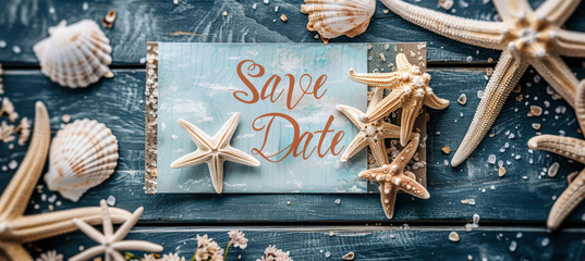 Summer Wedding Save the Date Cards with Seashell and Starfish Beach Theme Design