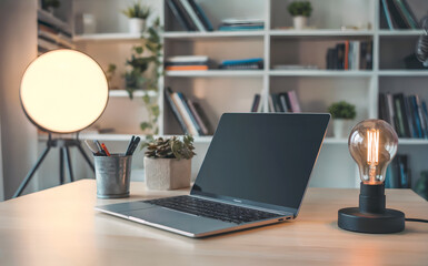 A laptop sits on a desk in a well lit, modern workspace. Natural light and modern lamps illuminate the minimal design, complete with a bookshelf and decor.