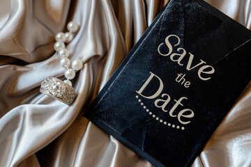 Elegant Save the Date Card with Pearls and Roses for Wedding Invitations and Announcements