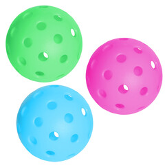 Three pickleball balls in light blue, pink and light green isolated on transparent background.