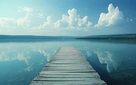 A serene summer lake reflecting rolling green hills and fluffy white clouds above. A wooden dock extends into the calm water, inviting peaceful contemplation. The bright sunlight and gentle 