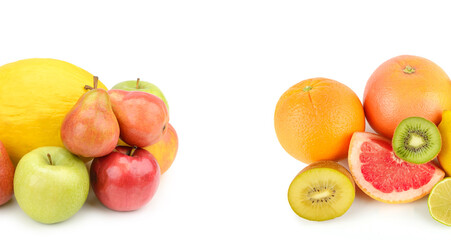 Set of fruits isolated on a white background. Free space for text. Collage.