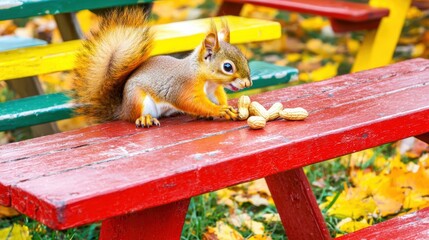 Squirrel foraging for peanuts colorful picnic area wildlife photography outdoor autumn close-up nature interaction