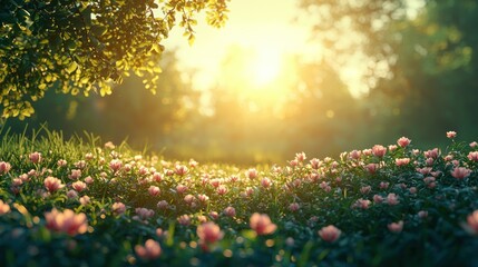 Fototapeta premium Pink flowers bloom in sunny forest meadow at sunset