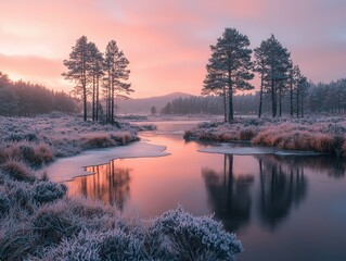 Fototapeta premium A serene winter forest covered in snow, with frost glistening on the branches of tall evergreen trees. A frozen stream winds through the landscape, reflecting the pastel hues of a golden sunrise. 