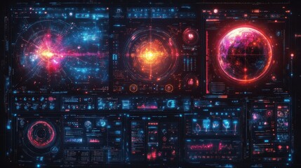 Obraz premium Futuristic digital interface displaying cosmic data and analytics.