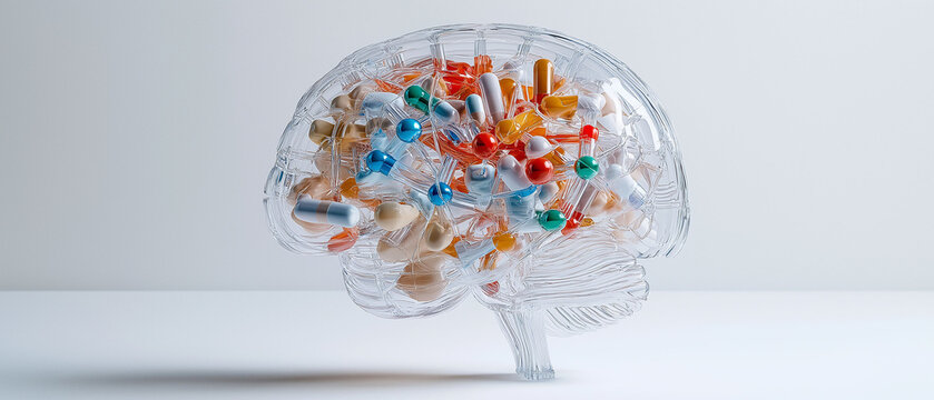 Opioids addiction harm reduction. A detailed 3D render of a brain model with chemical structures.