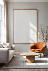 Blank Wall Frame Mockup in Modern Living Room with Orange Armchair and Natural Decor – 3D Render