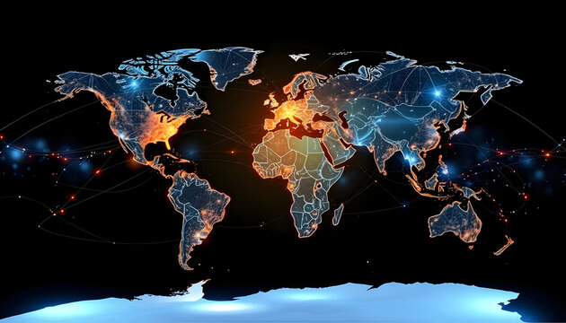 Global earth map  Hologram map with high quality 3D rendering of how connections and paths connect together like a high tech screen map, photo, with white tones