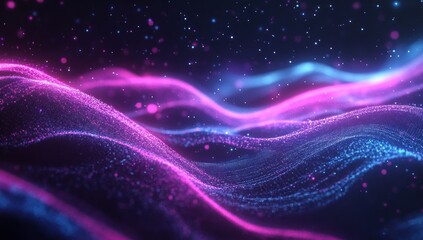 Abstract pink and blue glowing waves with particles.