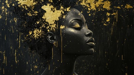 Portrait of african american woman with gold painting on black background art