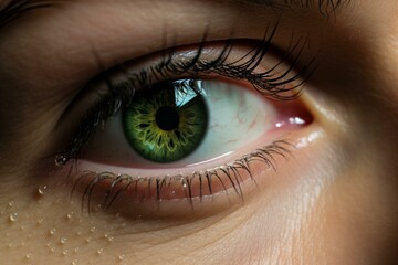 Fototapeta premium Extreme close up of beautiful female green eye with sunflower pattern reflecting in pupil, showcasing unique and captivating beauty