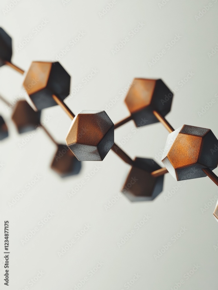 Poster Unique geometric shapes interconnected by metallic rods creating an artistic display in a minimalist setting. Generative AI