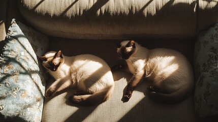Two sleeping cats in a sunlit living room, with soft cushions and floral patterns creating a cozy atmosphere