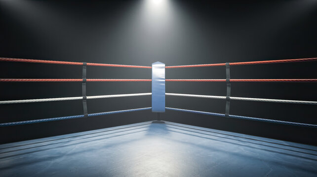 Epic Shot of Empty Boxing Ring Under Spotlight, Located in a Large Arena with Red Seats, Referee's Table in Place, Banner with Text "The Fight" Displayed, Dark Background