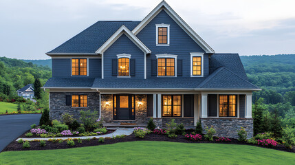 Obraz premium A large blue house with a white trim and a black roof. The house has a large front porch and a driveway. The house is surrounded by a lush green lawn and a garden with flowers