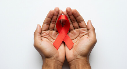 Compassionate hands hold AIDS awareness ribbon.