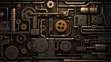 Steampunk Industrial Machinery with Pipes and Gears. Mechanical Engineering Background