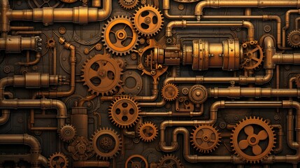 Steampunk Industrial Machinery with Pipes and Gears. Mechanical Engineering Background