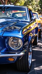 Classic Car Show: Vintage Muscle Cars in Deep Blue and Chrome Accents