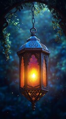 A Magical, Ornate Lantern Glows Warmly In A Dark, Enchanted Forest, Hanging From A Tree Branch.  Its Intricate Details And Soft Light Create A Mystical Atmosphere.