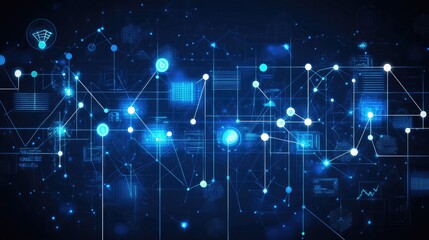 Global digital network data flow visualization; abstract blue tech background for website or presentation