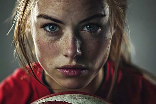 Close-Up on Determined Female Rugby Player's Focused Expression - Powered by Adobe