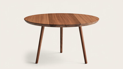 Round Wooden Table with Three Slender Legs, Polished Wood Top Featuring Natural Grain Pattern, Matching Wood Color for Legs, Elegant Minimalist Design, Set Against a Clean White Background