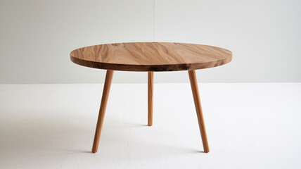 Round Wooden Table with Three Slender Legs, Polished Wood Top Featuring Natural Grain Pattern, Matching Wood Color for Legs, Elegant Minimalist Design, Set Against a Clean White Background