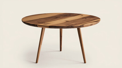 Round Wooden Table with Three Slender Legs, Polished Wood Top Featuring Natural Grain Pattern, Matching Wood Color for Legs, Elegant Minimalist Design, Set Against a Clean White Background