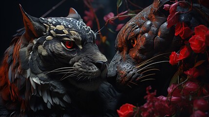 fantasy dragon and a monster with red eyes