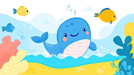 Happy whale swimming ocean coral reef background kids illustration