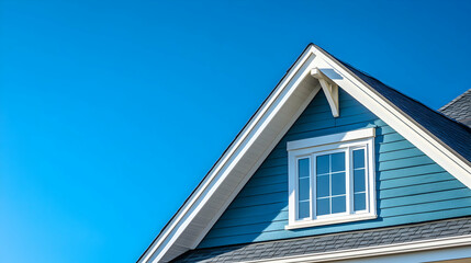 Gable roof window, blue siding, sunny day.  Real estate website use